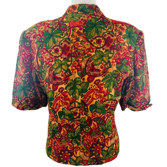 Vintage 80s SK & Co Red Green Gold Floral Short Sleeve Fall Blouse Jacket 12 - Picture 2 of 9